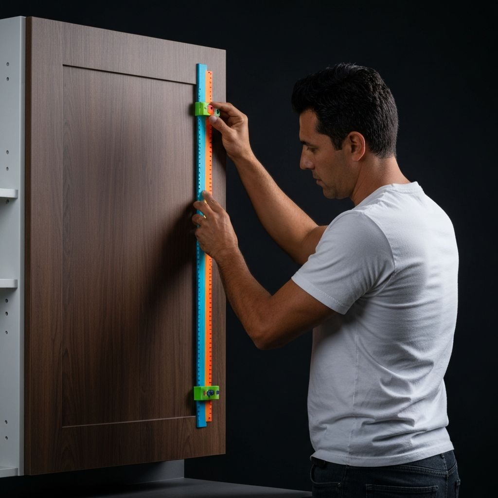 Handle Hole Marking Jig in use on a cabinet door