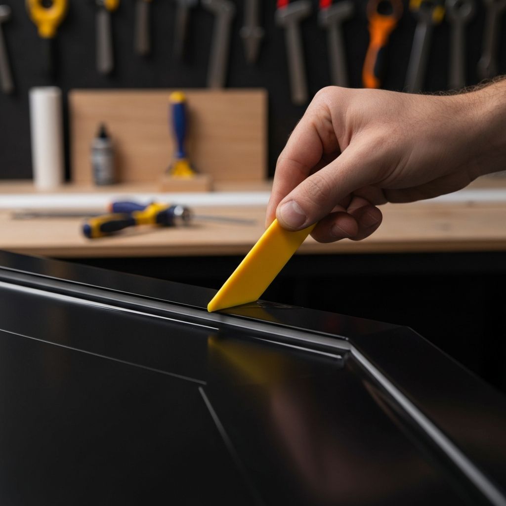 Apex Multi Edge being used to tuck vinyl on a cabinet door